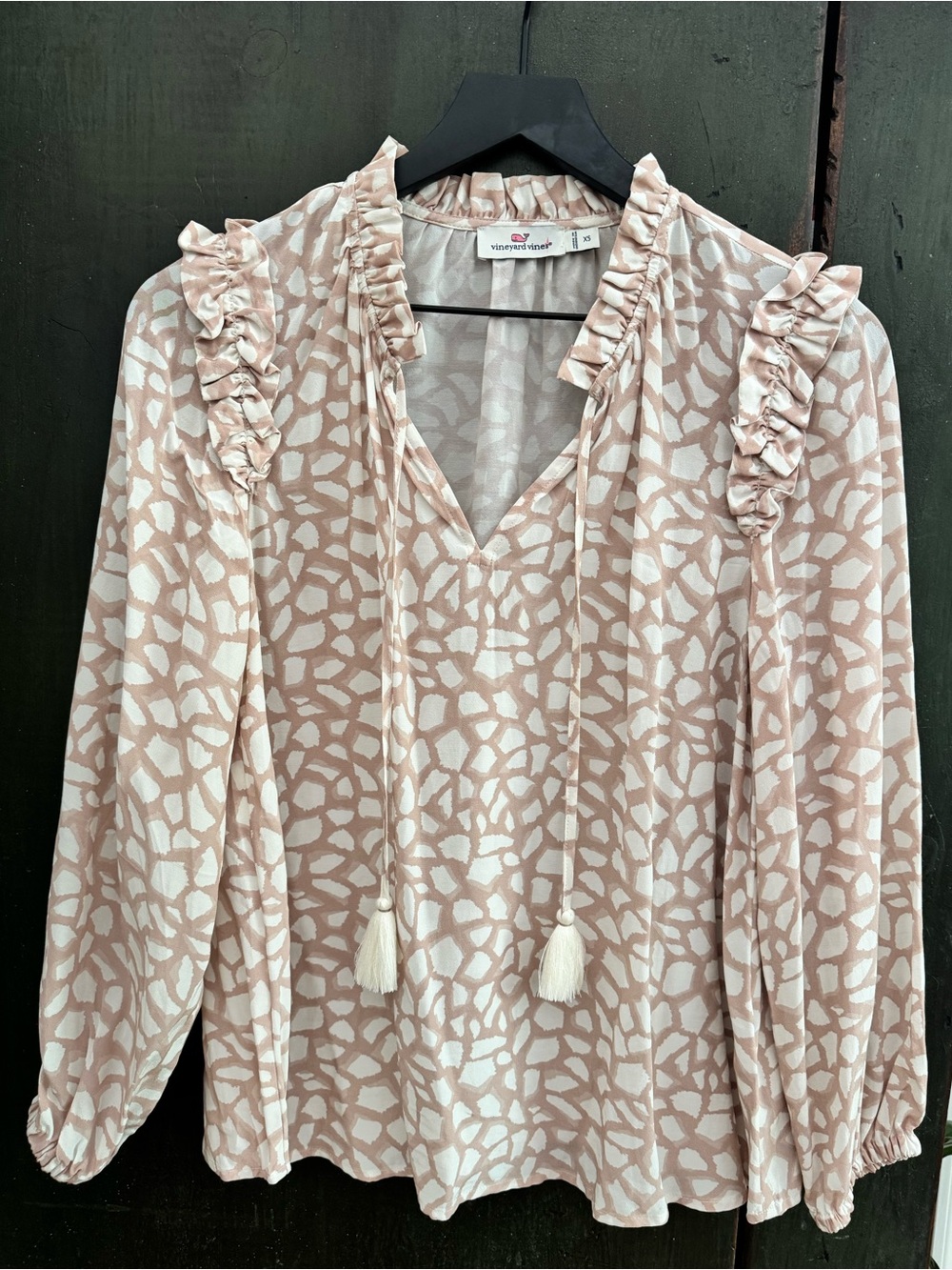 Vineyard Vines Cream Tan Animal  Print Ruffle Tie-Front Long Sleeve Blouse Top